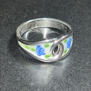 Vintage Sterling Silver Guilloche Blue Floral Ring